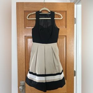 White House black market pleated dress with stripes & covered buttons on back
